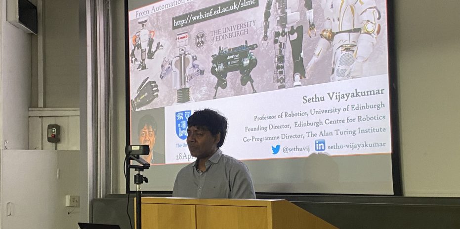 Professor Sethu Vijayakumar guest lecturing on 28th April 2022 in the Crossland Lecture Theatre in the Parsons Building, in TCD