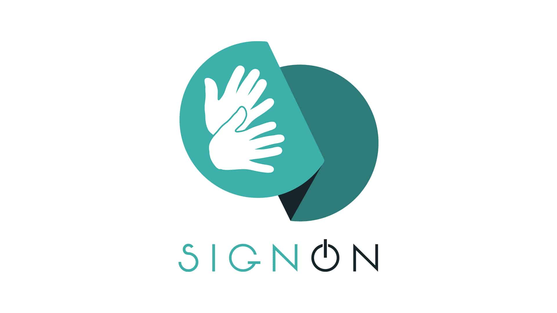 SignON project logo - 2 green cut off circle shapes with two white hands in the lighter coloured circle.