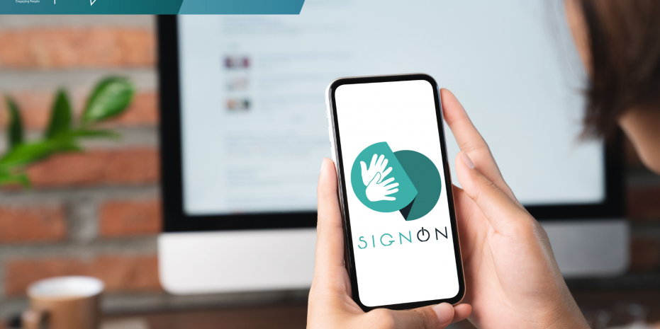The back of a womans head and her hands holding a mobile phone with the SignON logo on the screen. In the background is an Apple computer monitor and at the top left is the ADAPTCentre #DiscussAI logo and the words Think-Ins