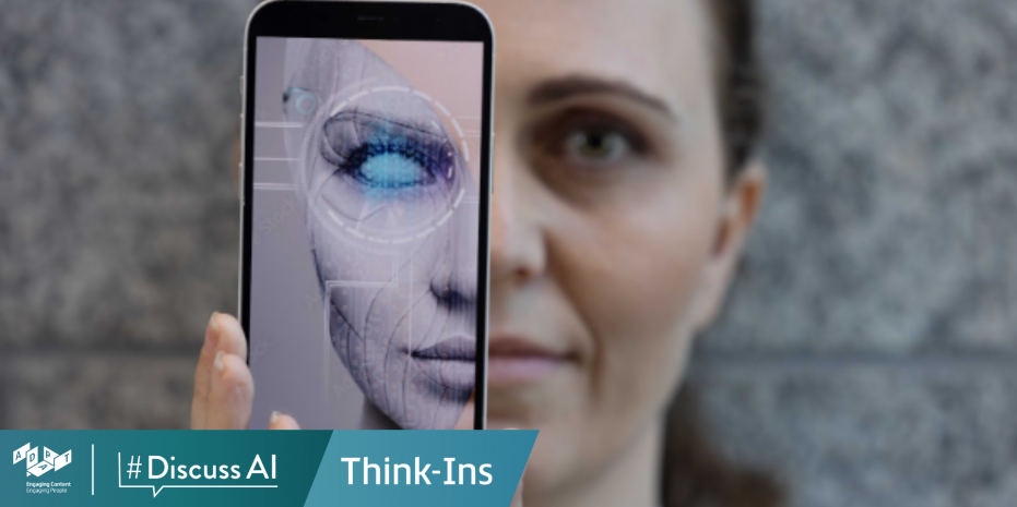 a woman holding a mobile phone in front of her face. On the screen is a digital facial recognition version of her face. At the bottom of the image is a logo for ADAPT Centre, #DiscussAI Think-Ins
