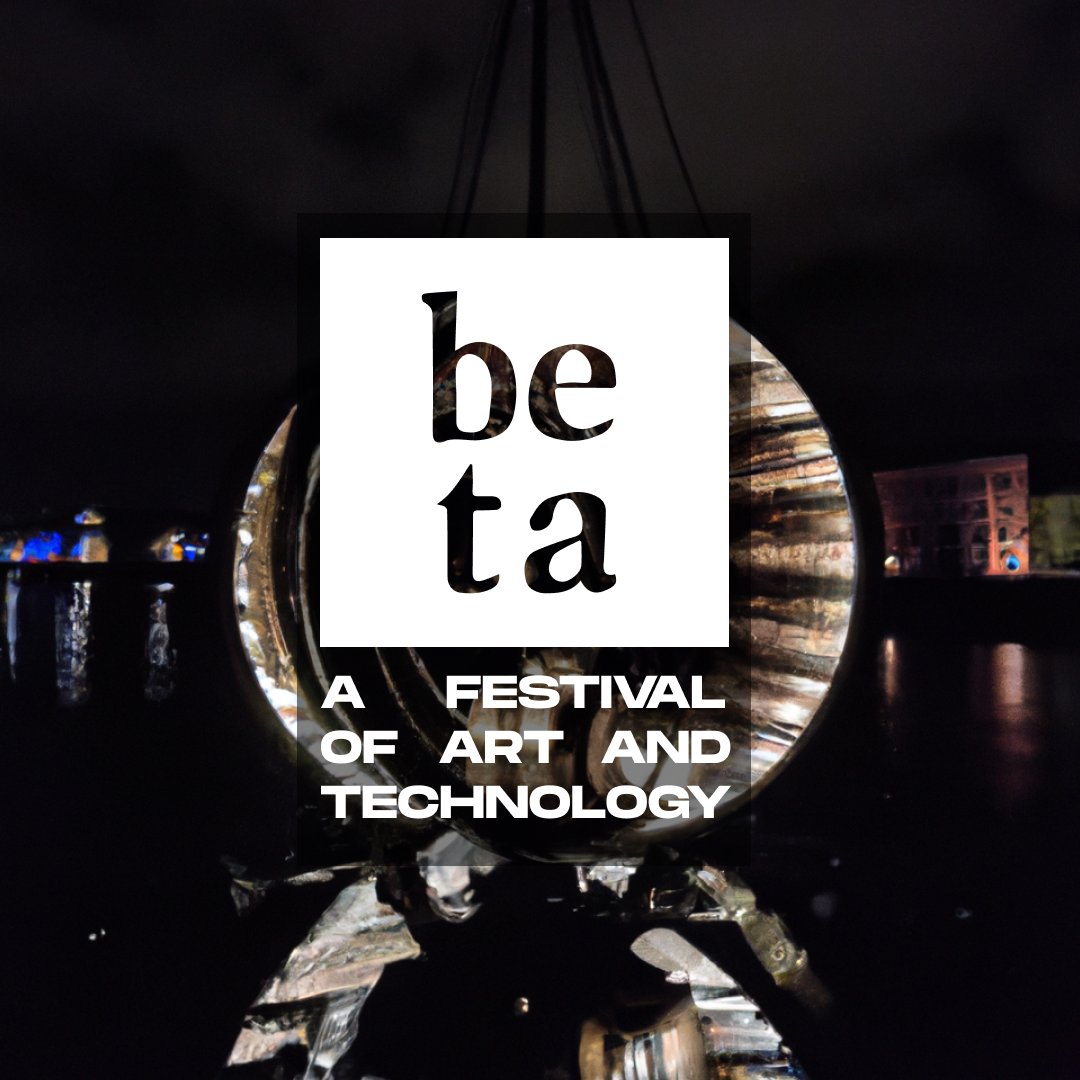 Beta Festival logo overlayed on an AI generated image in response to the prompt "an art and technology festival in Ireland" with the subheading "A festival of art and technology".