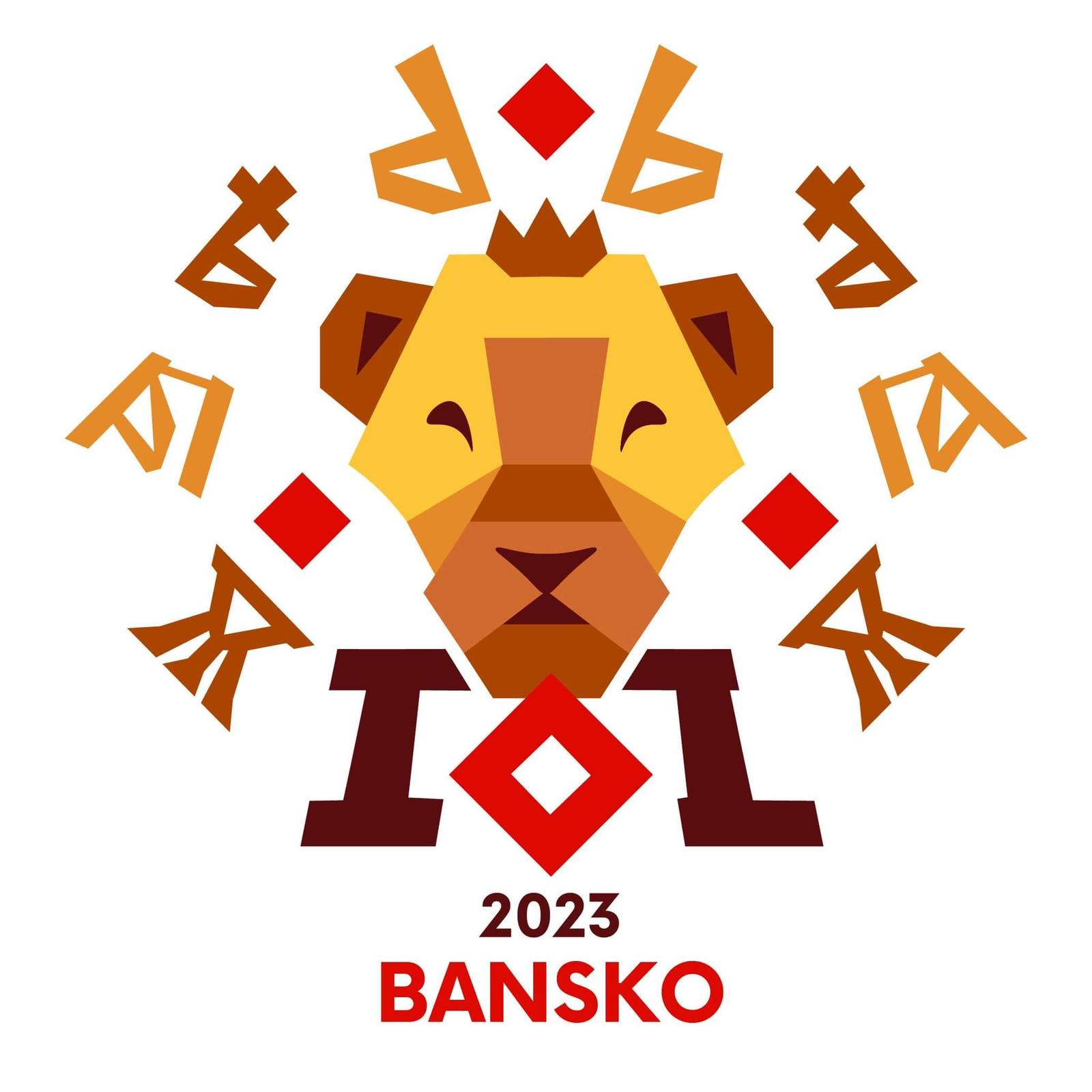 Yellow and brown bear surrounded by yellow and brown linguistic characters and red diamonds. Below the bear's face are the letters IOL 2023 Bansko. This is the logo for the 2023 International Linguistics Olympiad which takes place in July in Bansko, Bulgaria.
