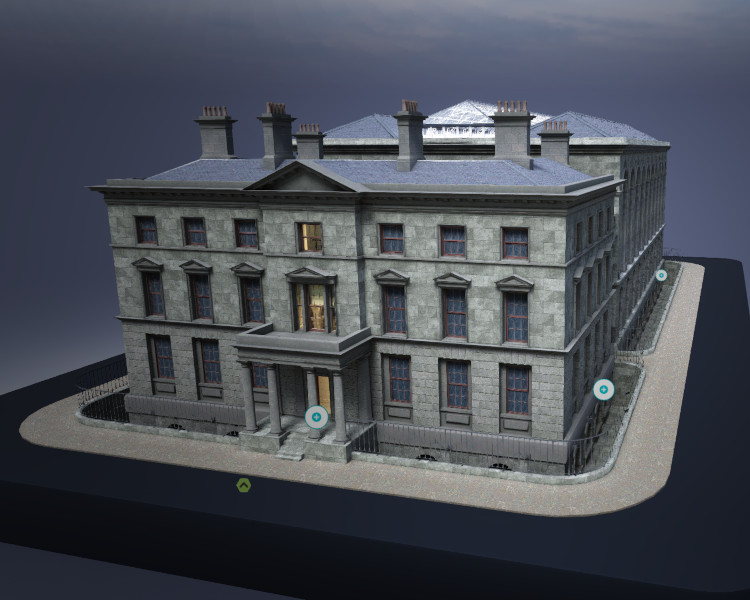 Virtual Treasury: An isometric 3D rendering of a large, grey, neoclassical-style building, possibly a museum or historical institution, seen from a slightly elevated angle. The building has multiple windows with red frames, several chimneys on its slate-grey roof, and a prominent front entrance with columns. Some windows show a warm, yellow light emanating from within, suggesting interior illumination. The building sits on a cobblestone-textured path or driveway, which curves around its front and side, and is bordered by a black wrought-iron fence. A dark, featureless ground plane surrounds the paved area. Several light blue circular icons, possibly indicating interactive points or information markers, are visible on the path and near the building's facade.