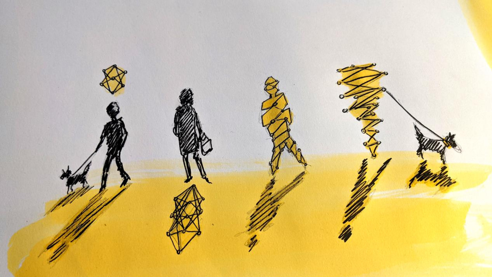 A watercolour illustration in two strong colours showing the silhouettes of four people, two of whom have dogs on leads. They all cast shadows, and vary between realistic representations and those formed by representations of algorithms, data points or networks. The people and their data become indistinguishable form each other.
