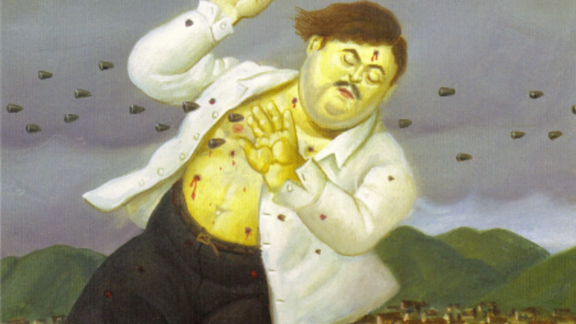 A colorful painting by Colombian artist Fernando Botero. A man with a large, round body and a mustache is standing with his arms up in a defensive pose. He is wearing a white shirt and dark pants. His eyes are closed, and he appears to have been shot multiple times, with small trickles of blood visible on his face, neck, and abdomen. The shirt is open, revealing his belly, and there are what appear to be tiny, bullet-like objects sticking out of his skin. Floating around him are dozens of small, stylized bullets. A town with small houses and green hills is visible in the background, under a dark and cloudy sky.