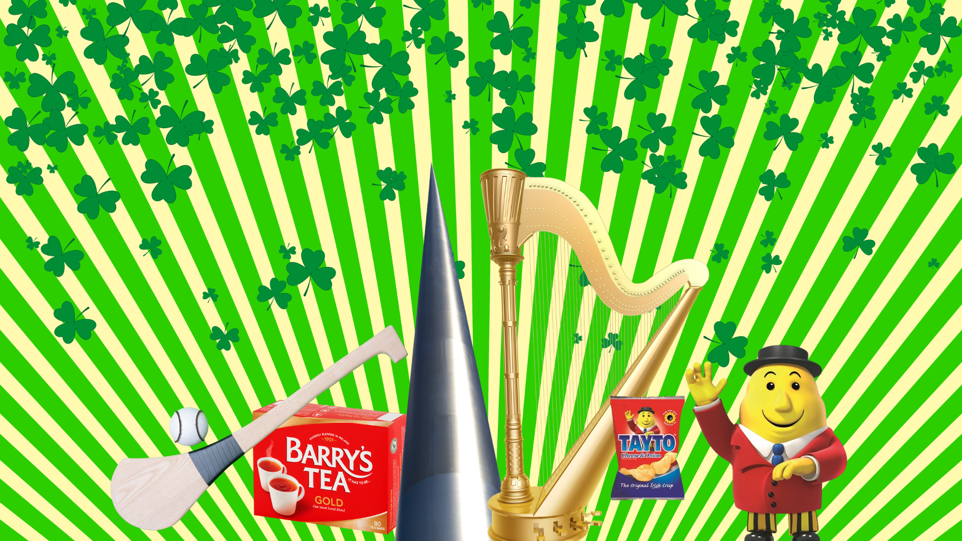 A collage of items on a green and yellow striped background with a shamrock pattern at the top. The items include a hurley and sliotar, a box of Barry's Tea, a golden harp, Mr. Tayto waving, and a pack of Tayto cheese and onion crisps.