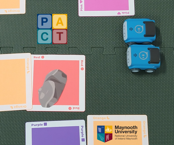 A top-down view of a dark green mat with white intersecting lines. Various colored cards with icons are on the mat. One card, which is red with a gray rock icon, is in the center left of the image. The word "Red" is on the top and bottom of the card. Below the card is a purple card and on its left is an orange card. To the right of the red card are two blue robotic cars. The P, A, C, and T letters are spelled in blue, gold, aqua, and red on top of four squares, placed in a 2x2 grid. In the lower right corner, there's an orange card with the words "Maynooth University National University of Ireland Maynooth" and a logo in the center.