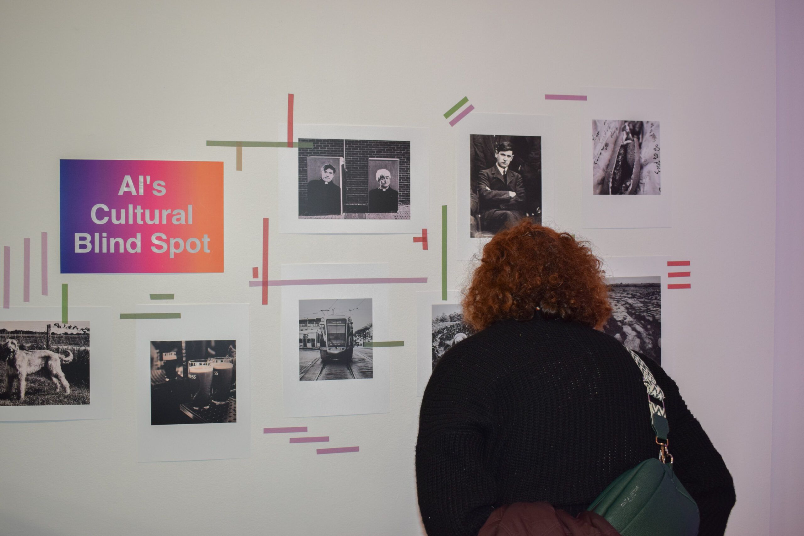The back of a woman's head viewing images in an exhibition