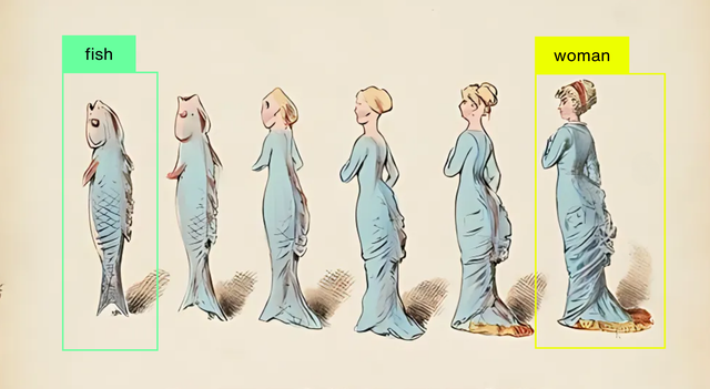This illustration depicts a progression from a fish to a woman, showcasing transitional stages that defy classification boundaries, emphasising fluid states.