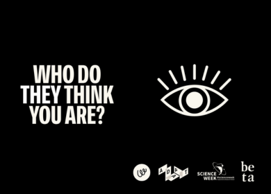 Graphic with the central question "WHO DO THEY THINK YOU ARE?" next to a minimal drawing of an eye, with partner logos at the bottom.