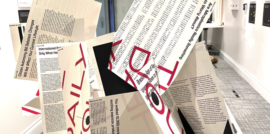 an artistic installation composed of overlapping, angled sheets of white paper and newspaper clippings standing upright on a white pedestal in a gallery space. The sheets have large red letters spelling out "TOTAL" and smaller blocks of text, some of which read: "Citizen Autonomy Bill Delayed: Changes Will Not Affect Our Current Lifestyles" and "You received 1,000 more likes than usual from the same security camera in the last minute today." More exhibits are visible lining the walls in the background.