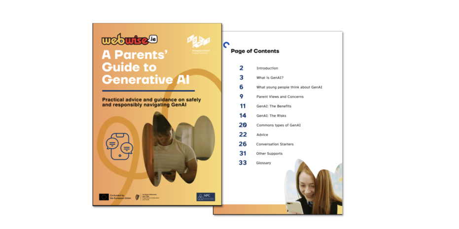 A photo of the cover of the new 'A Parents' Guide to GenAI' and the table of contents page