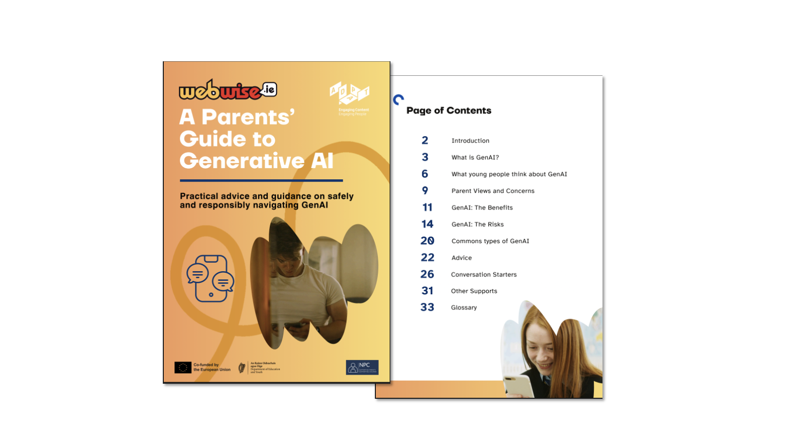 A photo of the cover of the new 'A Parents' Guide to GenAI' and the table of contents page