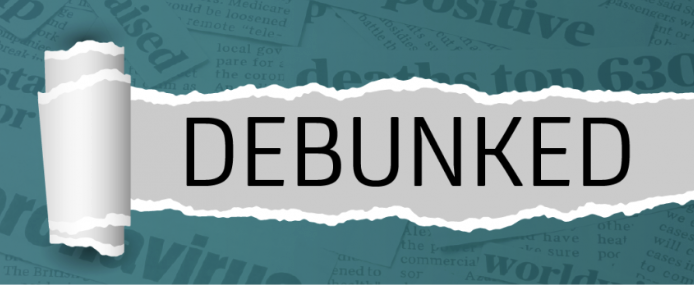 Image saying "DEBUNKED" on a grey background with a teal-coloured background behind it